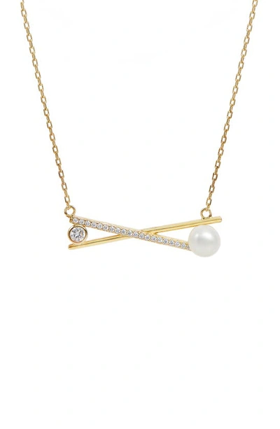 Shop Savvy Cie Jewels 18k Gold Plated Sterling Silver Cz & Cultured Pearl Pendant Necklace In Yellow