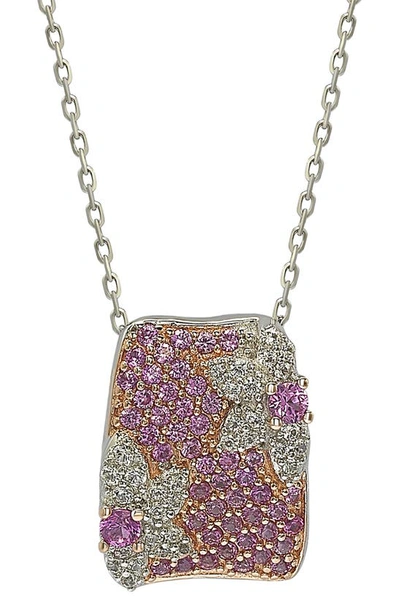 Shop Suzy Levian Sterling Silver Blue Sapphire, Lab Created White Sapphire, & Brown Diamond Floral Pendant Necklace In Pink