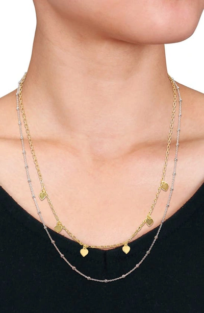 Delmar Two-tone Heart And Ball Bead Chain Necklace In Gold Silver Multi-color