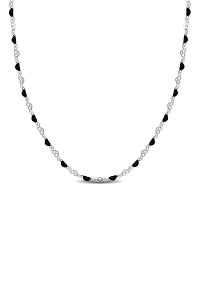 Delmar Sterling Silver Black Enamel Station Heart Link Necklace In Silver