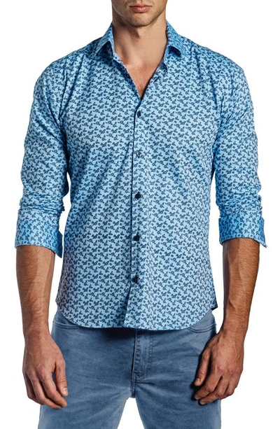 Shop Jared Lang Trim Fit Floral Long Sleeve Button-up Cotton Shirt In Blue