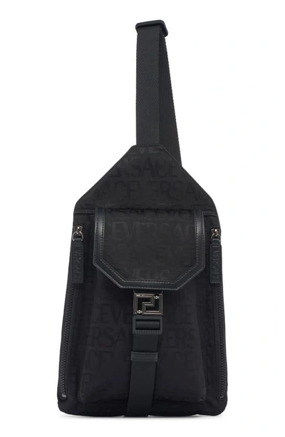 Shop Versace Logo Jacquard Sling Crossbody Bag In Black-ruthenium