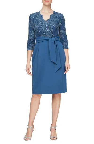 Shop Alex Evenings Sequin Embroidery Cocktail Sheath Dress In Vintage Blue