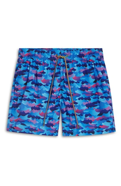 Shop Bugatchi Archer Wave Print Swim Trunks In Classic Blue