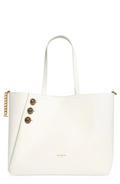 Shop Balmain Emblem Crest Button Calfskin Shopper In 0da Cream