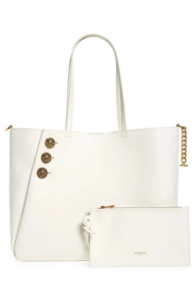 Shop Balmain Emblem Crest Button Calfskin Shopper In 0da Cream