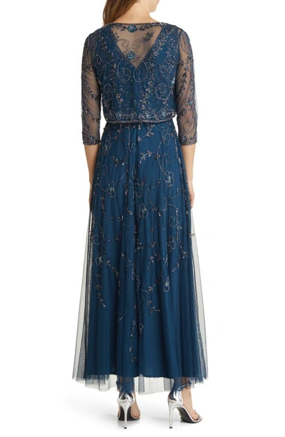 Pisarro Nights Beaded Mesh Gown With Jacket In Sapphire