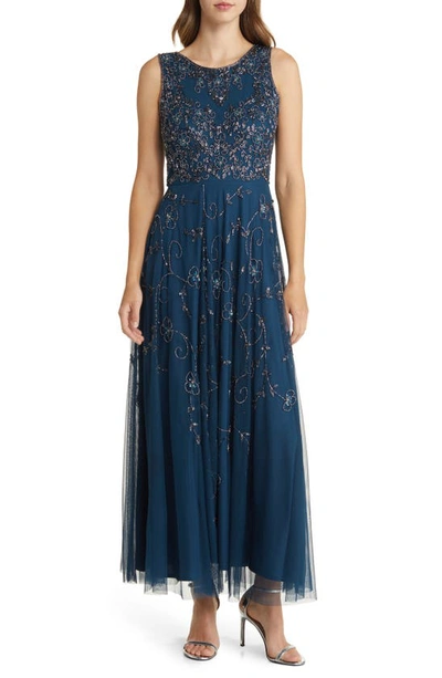Pisarro Nights Beaded Mesh Gown With Jacket In Sapphire