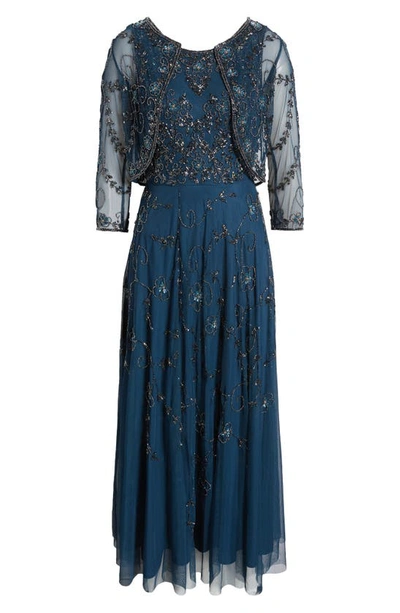 Pisarro Nights Beaded Mesh Gown With Jacket In Sapphire