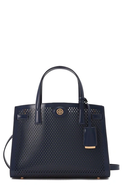 Tory Burch Small Robinson Perforated Leather Satchel In Royal Navy