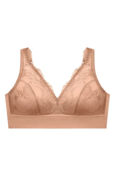 Glamorise Plus Size Full Figure Bramour Lexington Lace Plunge Wireless Bralette In Cappuccino