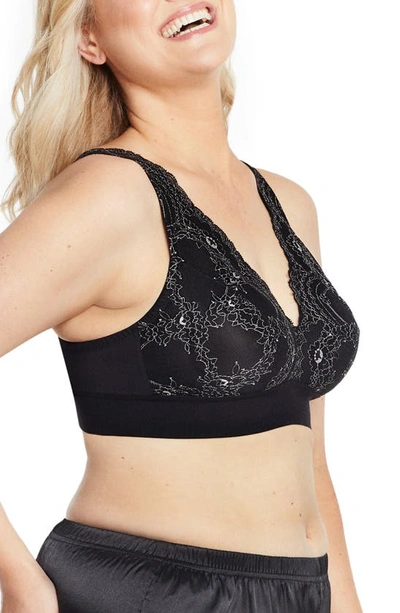 Glamorise Plus Size Full Figure Bramour Lexington Lace Plunge Wireless Bralette In Black