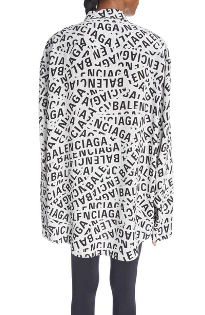 Shop Balenciaga Logo Print Long Sleeve Button-up Shirt In White/ Black