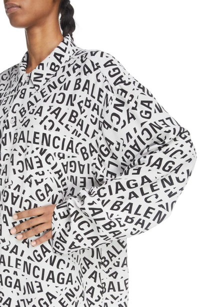 Shop Balenciaga Logo Print Long Sleeve Button-up Shirt In White/ Black