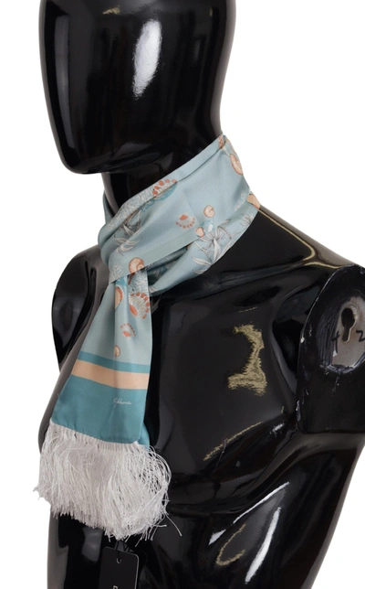 Shop Dolce & Gabbana Silk Shiny Shell-print Neck Wrap Fringed Men's Scarf In Blue