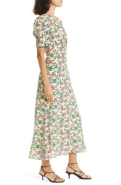 Shop Saloni Bianca Puff Sleeve Silk Midi Dress In Canary Blossom Sml
