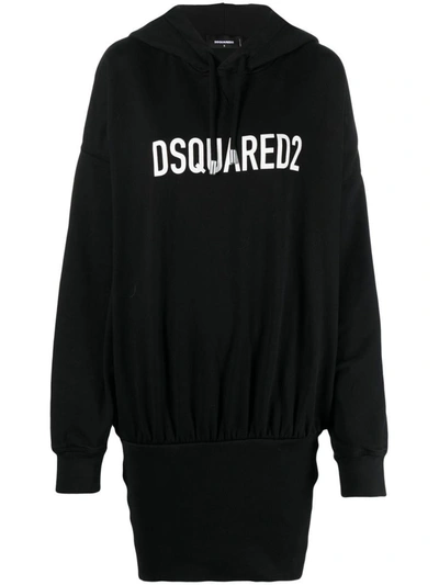 Shop Dsquared2 Logo Print Hooded Dress In Black