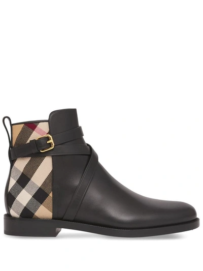 Shop Burberry House Check Leather Ankle Boots In Black-archive Beige