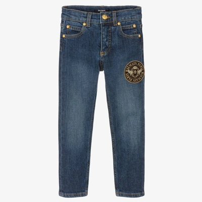 Shop Balmain Boys Blue Cotton Denim Jeans