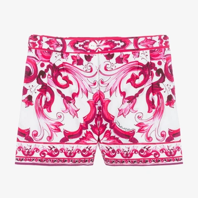 Shop Dolce & Gabbana Girls Pink & White Cotton Majolica Shorts