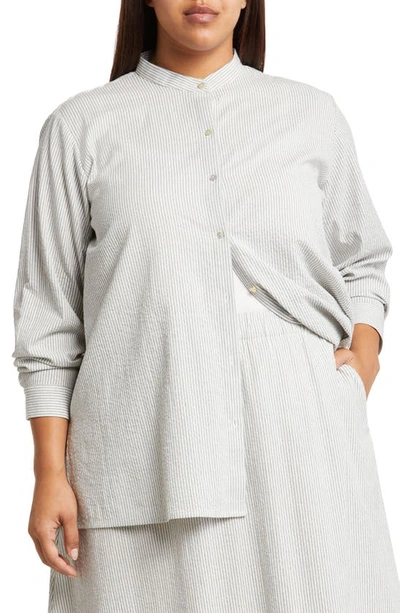 Shop Eileen Fisher Stripe Band Collar Organic Cotton Button-up Shirt In White/ Black