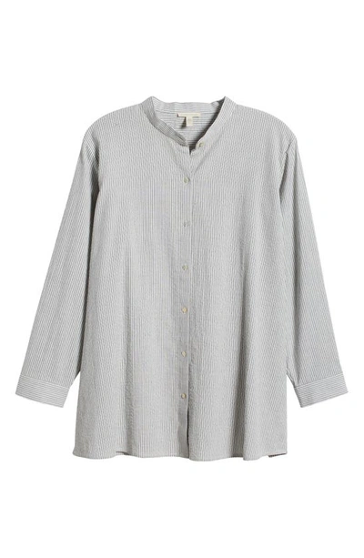 Shop Eileen Fisher Stripe Band Collar Organic Cotton Button-up Shirt In White/ Black