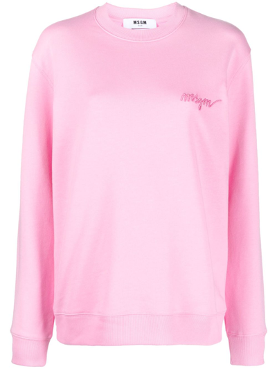 Shop Msgm Embroidered-logo Cotton Sweatshirt In Pink