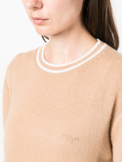 Msgm Emrboidered-logo Wool-cashmere Blend Jumper In Brown