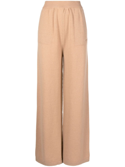 Shop Msgm Embroidered-logo Knit Trousers In Brown