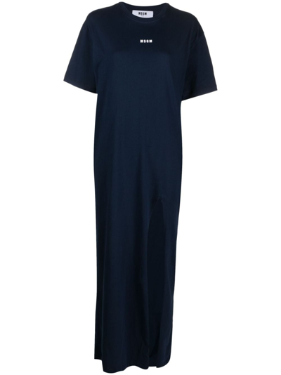 Shop Msgm Logo-print Cotton Dress In Blue