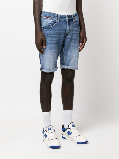 Shop Tommy Jeans Whiskering-effect Denim Shorts In Blue