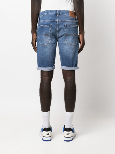 Shop Tommy Jeans Whiskering-effect Denim Shorts In Blue