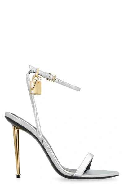 Shop Tom Ford Padlock Metallic Leather Sandals In Silver