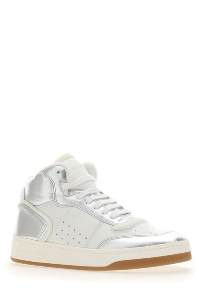 Saint Laurent Leather Perforated High-top Trainers In Metallic