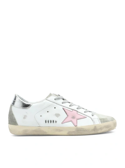 Shop Golden Goose Super-star Leather Upper And Star Suede Toe And Spur Laminated Heel Metal Lettering In White Ice Orchid Pink Silver