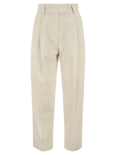 Shop Brunello Cucinelli Baggy Sartorial Trousers In Sparkling Cotton And Viscose Twill With Monile In Ecru