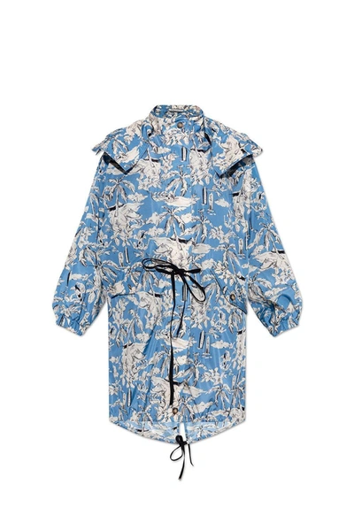 Shop Moncler Tropical Printed Hooded Parka In Turquoise