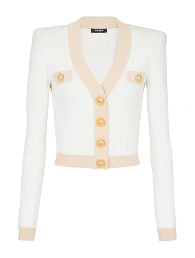 Shop Balmain Gold Edge Buttoned Knit Cropped Cardigan In Gdk Naturel Or