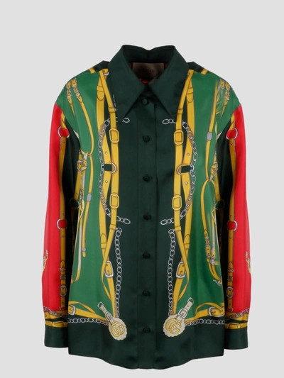 Shop Gucci Harness And Double G Silk Shirt In Green
