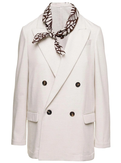 Shop Brunello Cucinelli White Double-breasted Jacket With Bandana In Cotton And Viscose Blend Woman