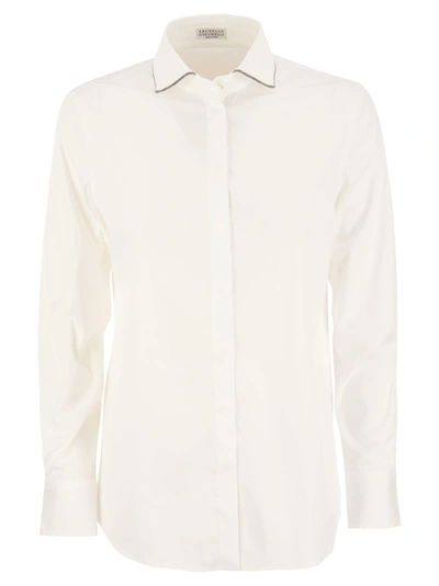 Shop Brunello Cucinelli Stretch Cotton Poplin Shirt With Shiny Collar Trim In Default Title