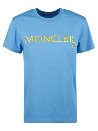 Shop Moncler Logo Patched Regular T-shirt In Celeste