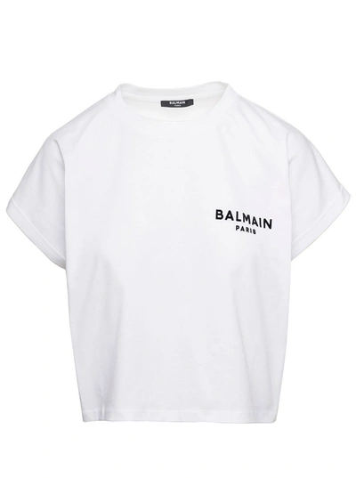 Shop Balmain White Cropped T-shirt With Contrasting Logo Lettering In Cotton Woman