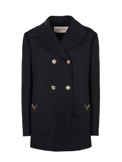 Shop Valentino Peacoat Coat In Wool And Cashmere In Navy
