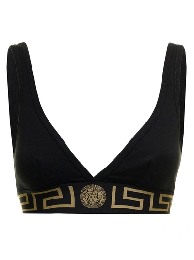 Shop Versace Womans Black Stretch Cotton Top With Greek Insert Detail