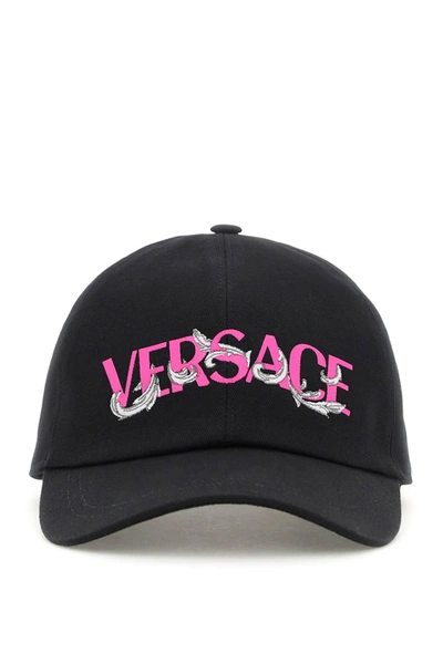 Shop Versace Printed Logo Baseball Cap In Nero Fucshia Argento (black)