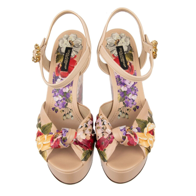 Pre-owned Dolce & Gabbana Flowers Rose Platform Sandals Heels Shoes Bianca Beige 09453