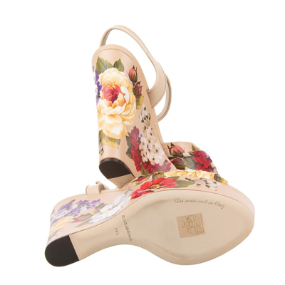 Pre-owned Dolce & Gabbana Flowers Rose Platform Sandals Heels Shoes Bianca Beige 09453