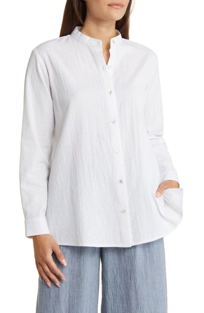 Shop Eileen Fisher Band Collar Organic Cotton Seersucker Button-up Shirt In White