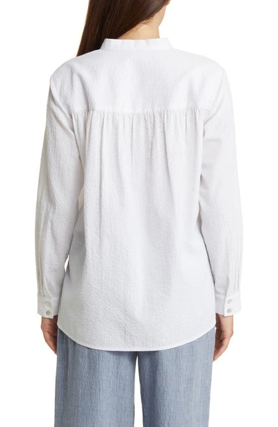 Shop Eileen Fisher Band Collar Organic Cotton Seersucker Button-up Shirt In White